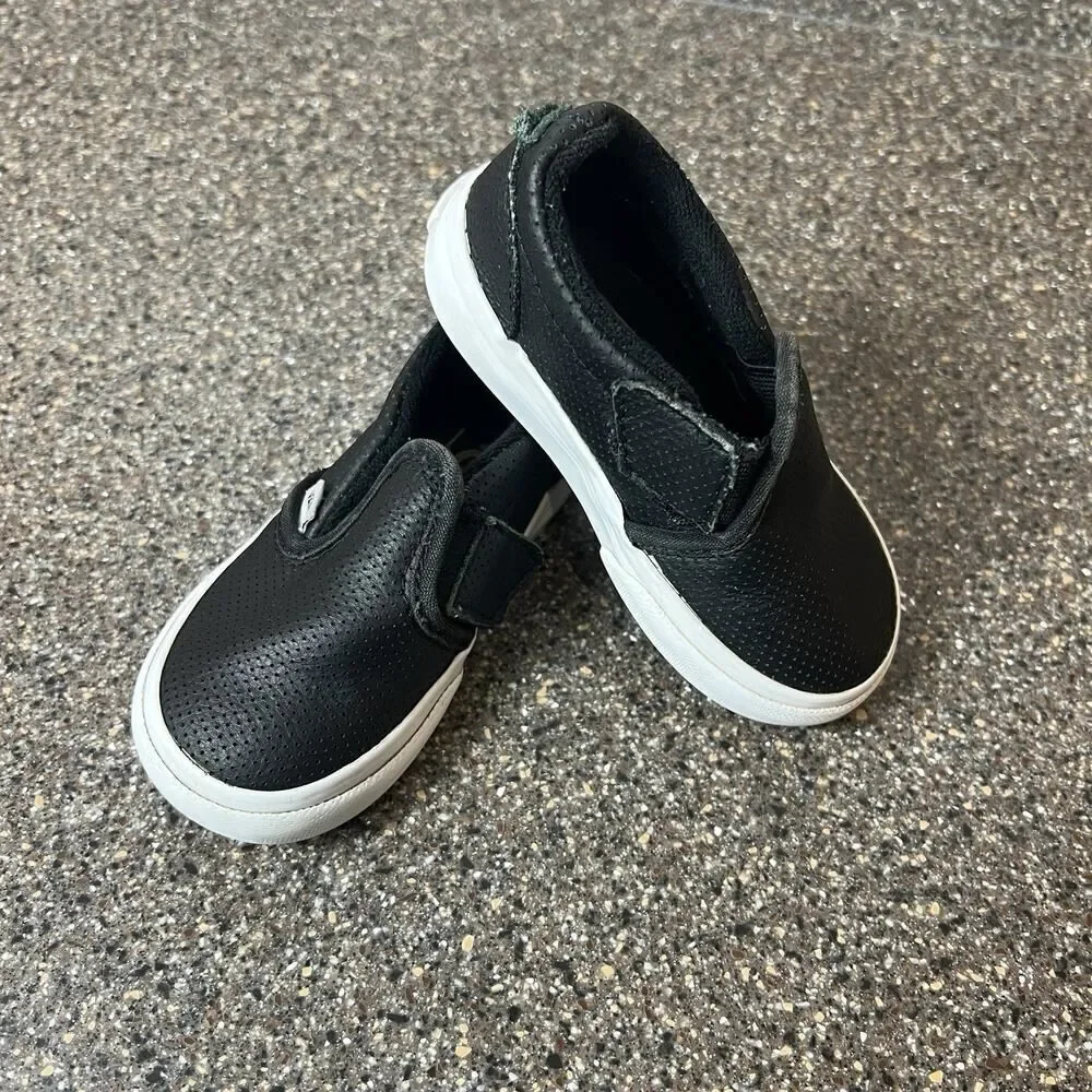 Vans Classic Little Kids Toddler Sz 6 Black Leather Sneaker Shoe Snap On Low Top